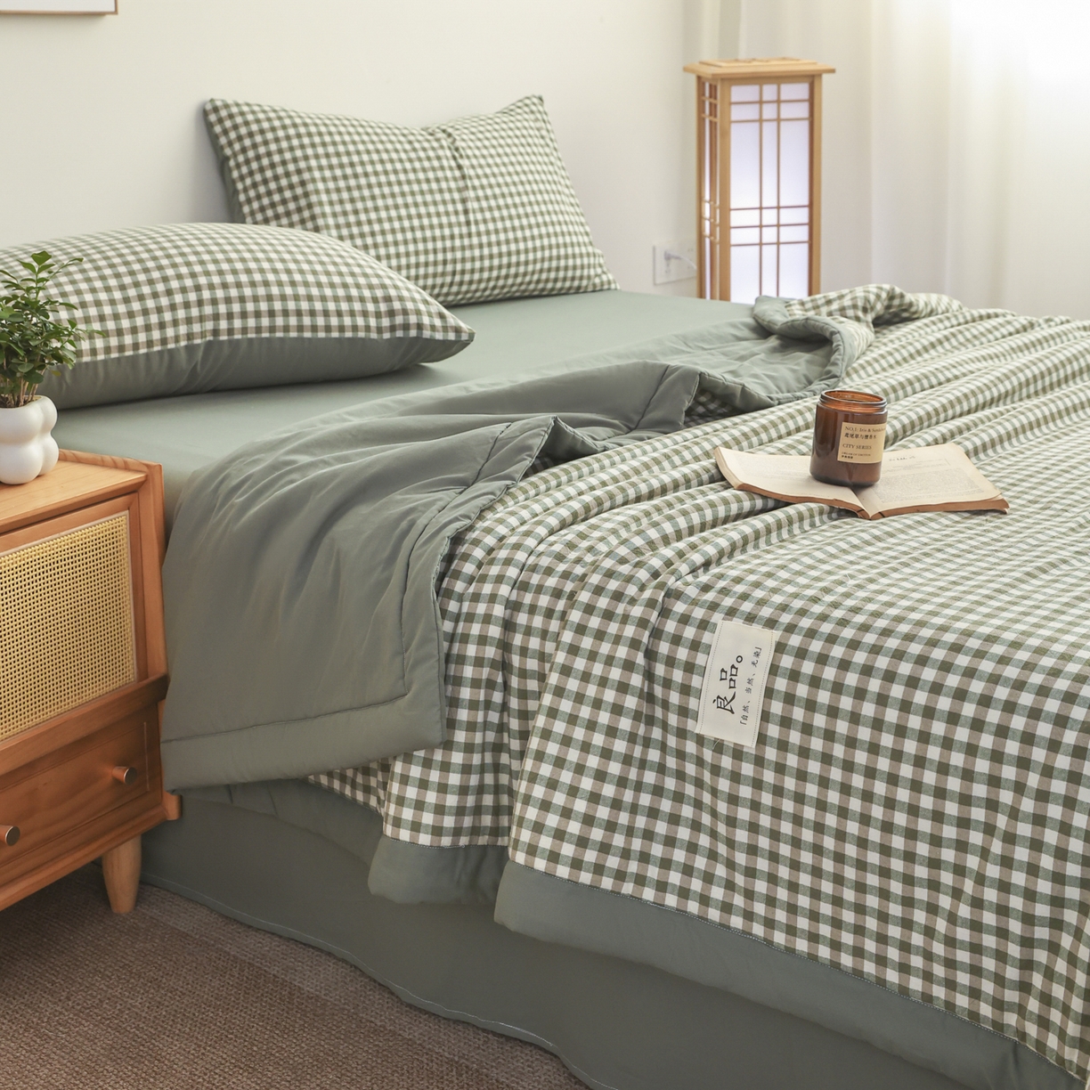 91家纺网 家纺一手货源 找家纺 尊妙被业 2026全棉色织水洗全棉棉花夏被 被子被芯 夏被四件套（格子款） 绿小格