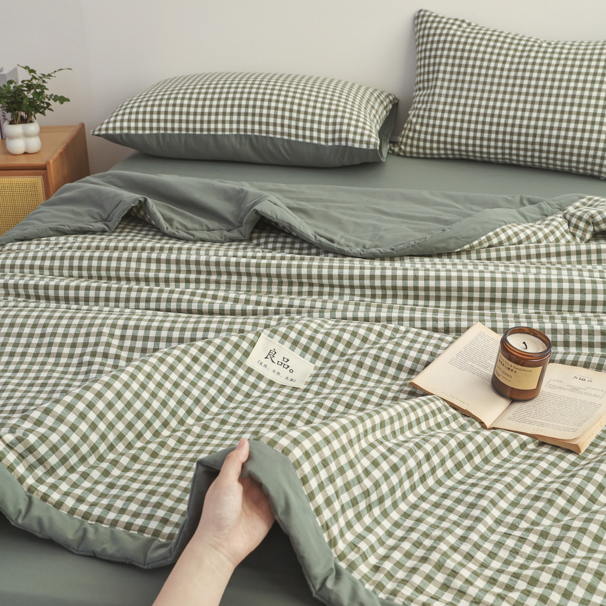 91家纺网 家纺一手货源 找家纺 尊妙被业 2026全棉色织水洗全棉棉花夏被 被子被芯 夏被四件套（格子款） 绿小格