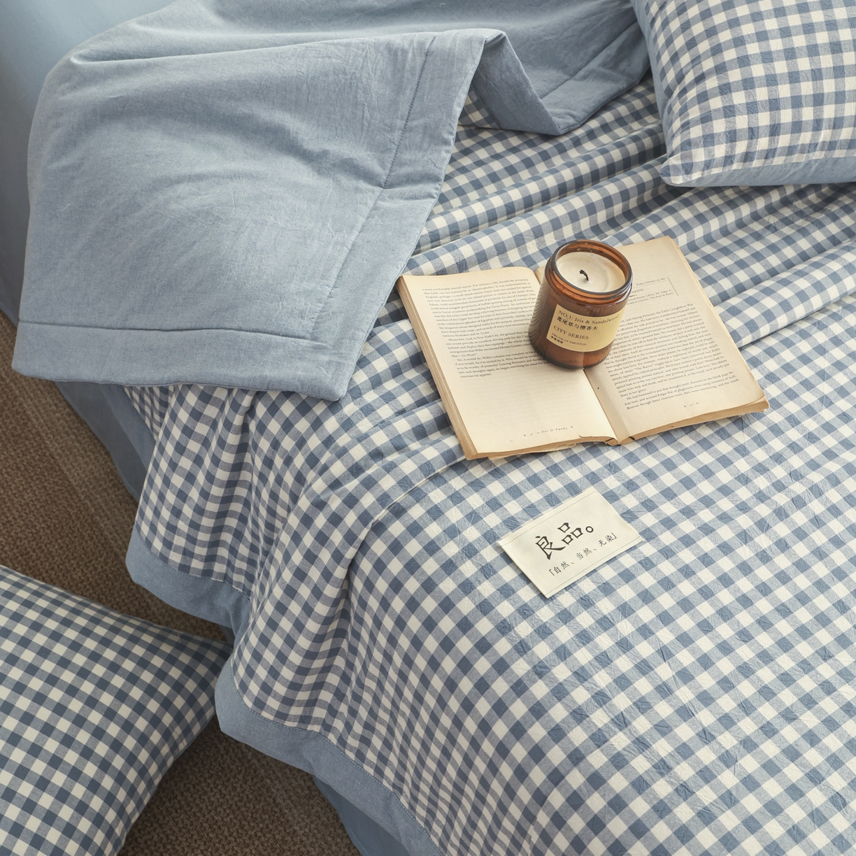 91家纺网 家纺一手货源 找家纺 尊妙被业 2026全棉色织水洗全棉棉花夏被 被子被芯 夏被四件套（格子款） 蓝小格