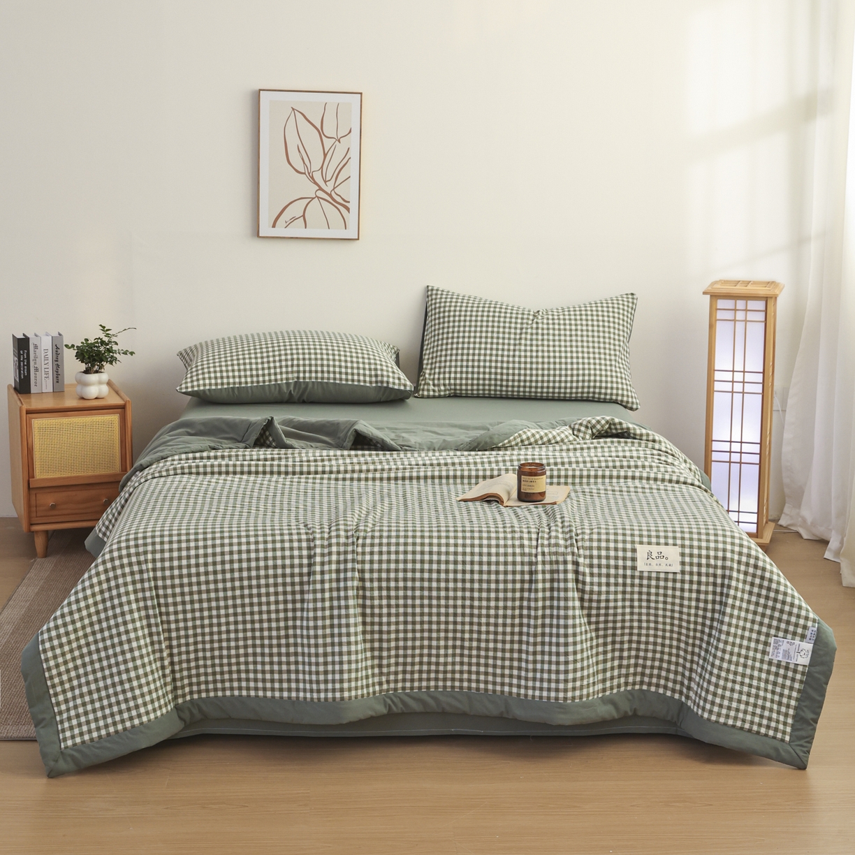 91家纺网 家纺一手货源 找家纺 尊妙被业 2026全棉色织水洗全棉棉花夏被 被子被芯 夏被四件套（格子款） 绿小格