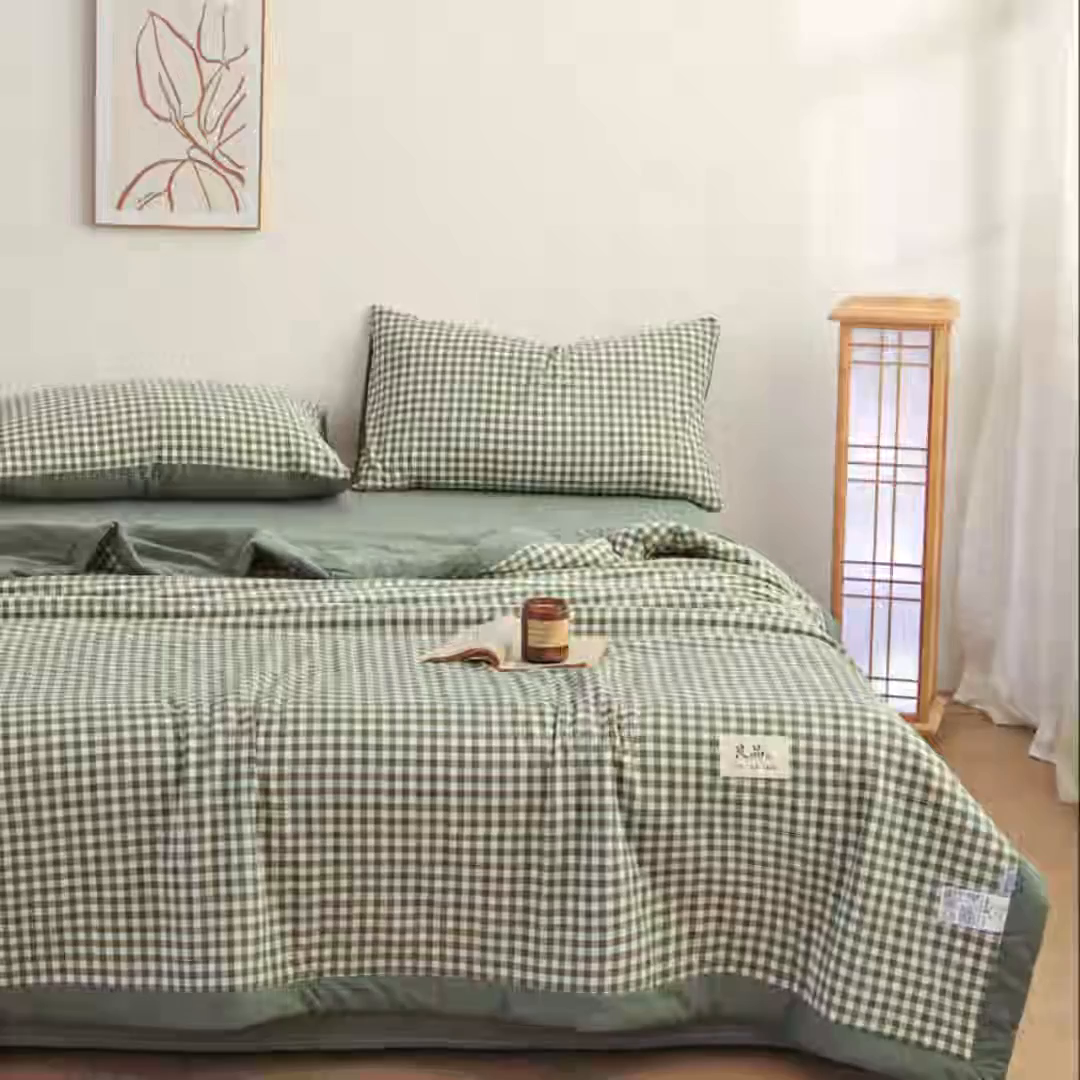 91家纺网 家纺一手货源 找家纺 尊妙被业 2026全棉色织水洗全棉棉花夏被 被子被芯 夏被四件套（格子款） 绿小格