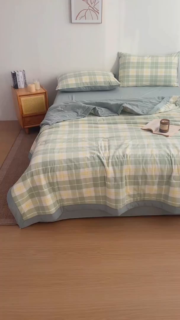 91家纺网 家纺一手货源 找家纺 尊妙被业 2026全棉色织水洗全棉棉花夏被 被子被芯 夏被四件套（格子款） 爱格绿