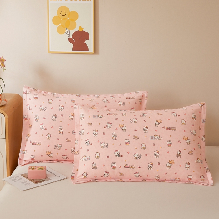91家纺网 家纺一手货源 找家纺 翎盈家纺 2026新款卡通小清新全棉纯棉枕套成人学生儿童枕头套 凯蒂软糖-粉