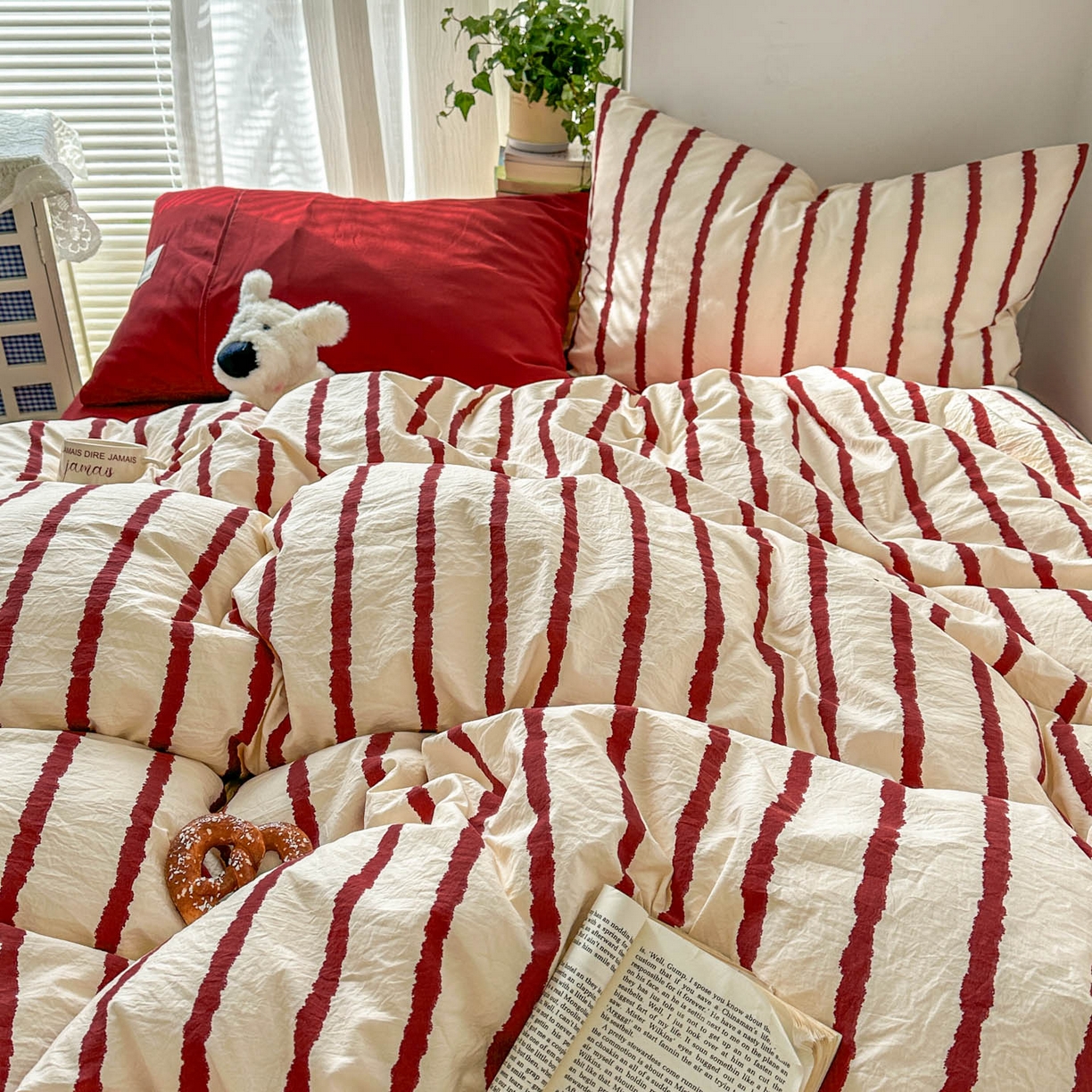 91家纺网 家纺一手货源 找家纺 上尚居 2026新款简约印花古法水洗棉四件套-摩卡 摩卡-红