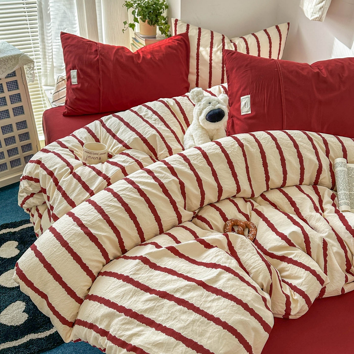 91家纺网 家纺一手货源 找家纺 上尚居 2026新款简约印花古法水洗棉四件套-摩卡 摩卡-红