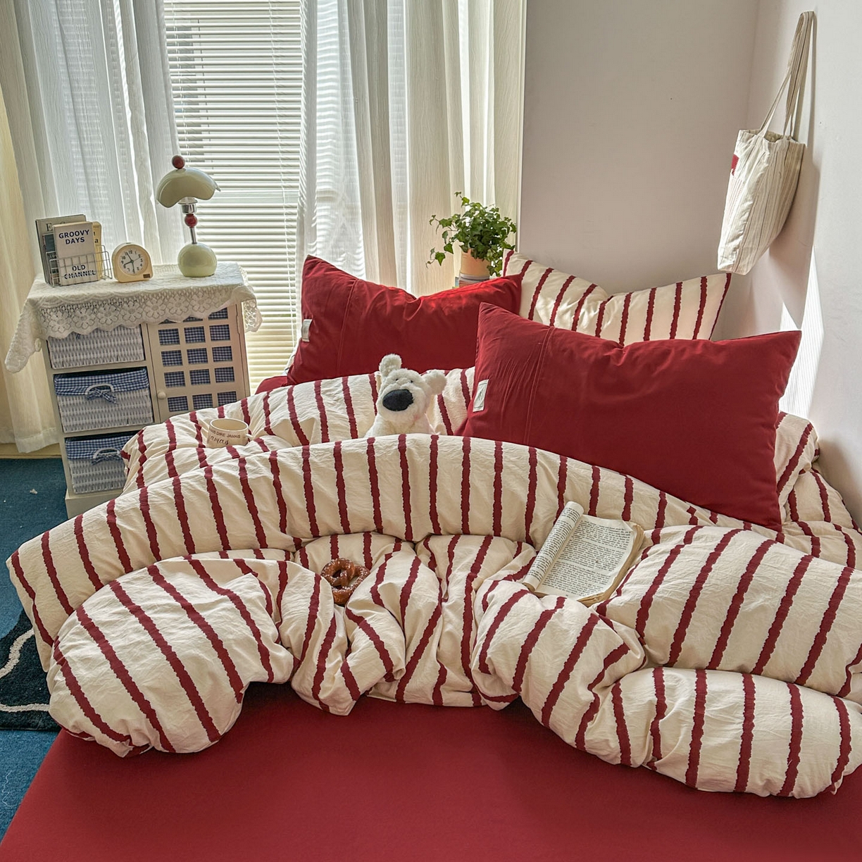 91家纺网 家纺一手货源 找家纺 上尚居 2026新款简约印花古法水洗棉四件套-摩卡 摩卡-红