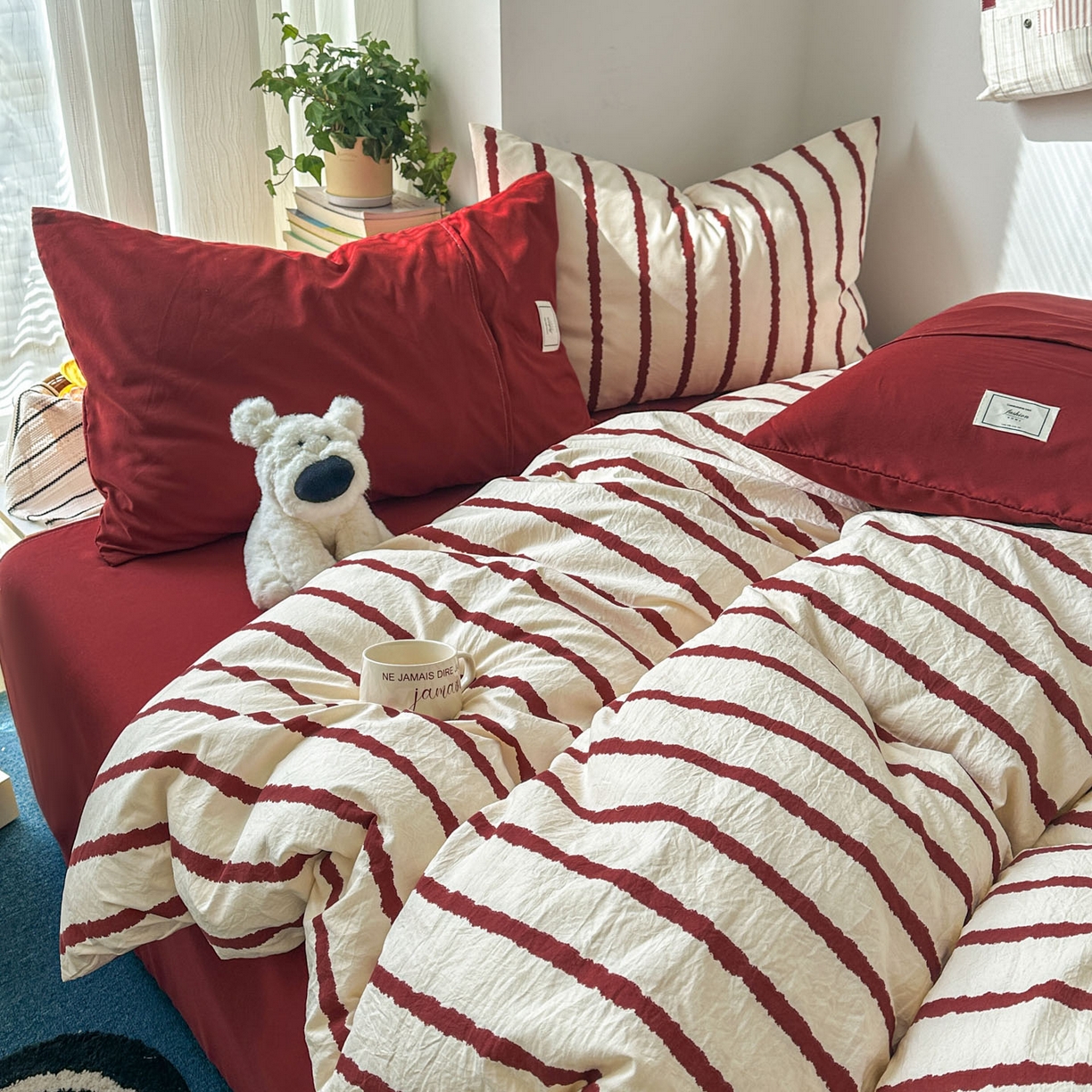 91家纺网 家纺一手货源 找家纺 上尚居 2026新款简约印花古法水洗棉四件套-摩卡 摩卡-红