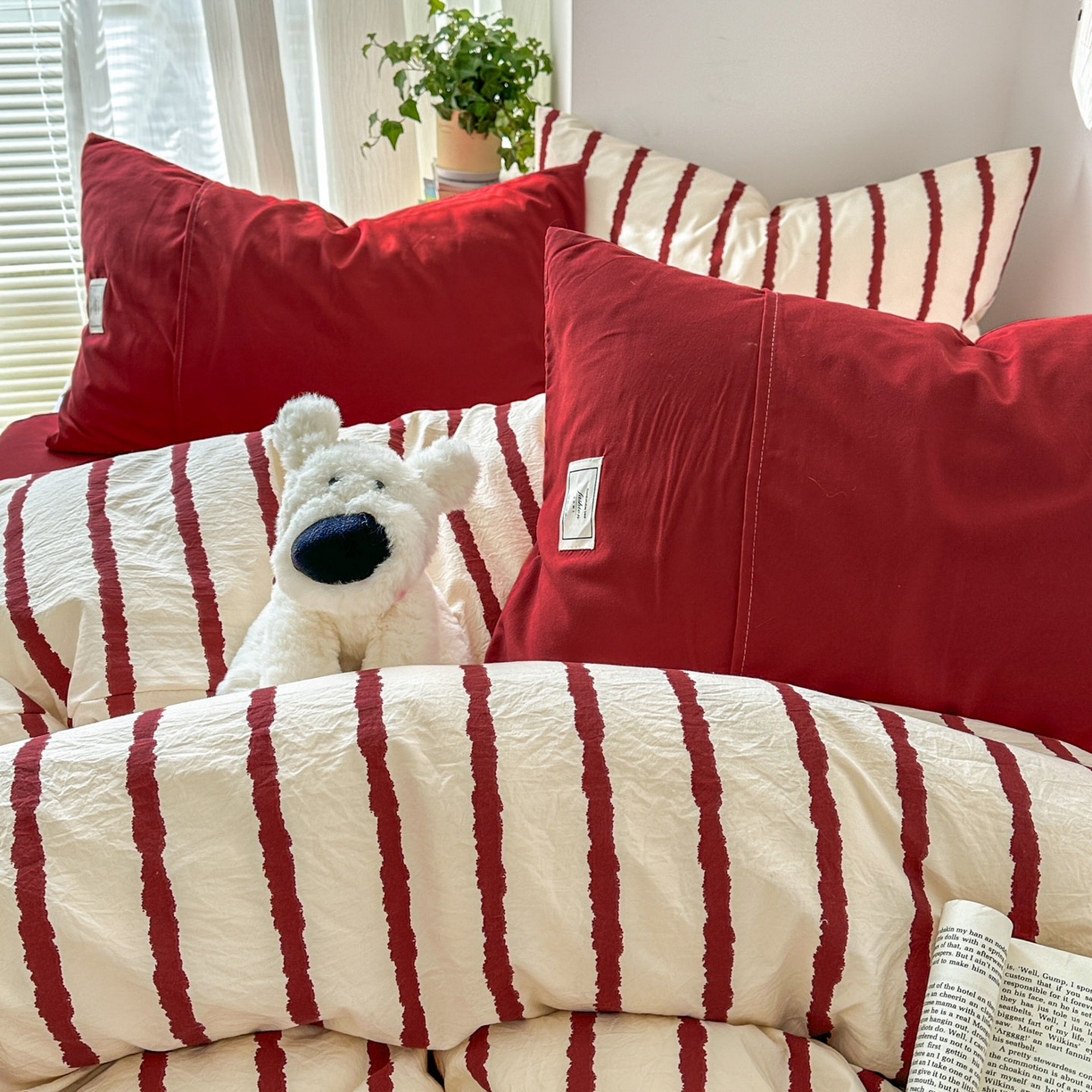 91家纺网 家纺一手货源 找家纺 上尚居 2026新款简约印花古法水洗棉四件套-摩卡 摩卡-红