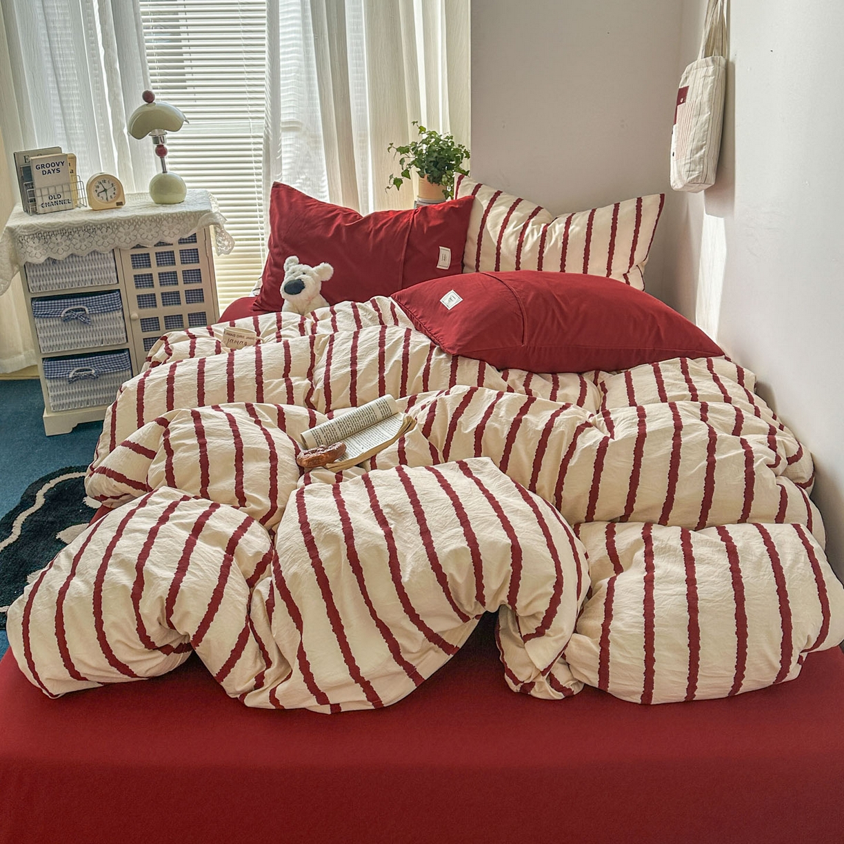 91家纺网 家纺一手货源 找家纺 上尚居 2026新款简约印花古法水洗棉四件套-摩卡 摩卡-红