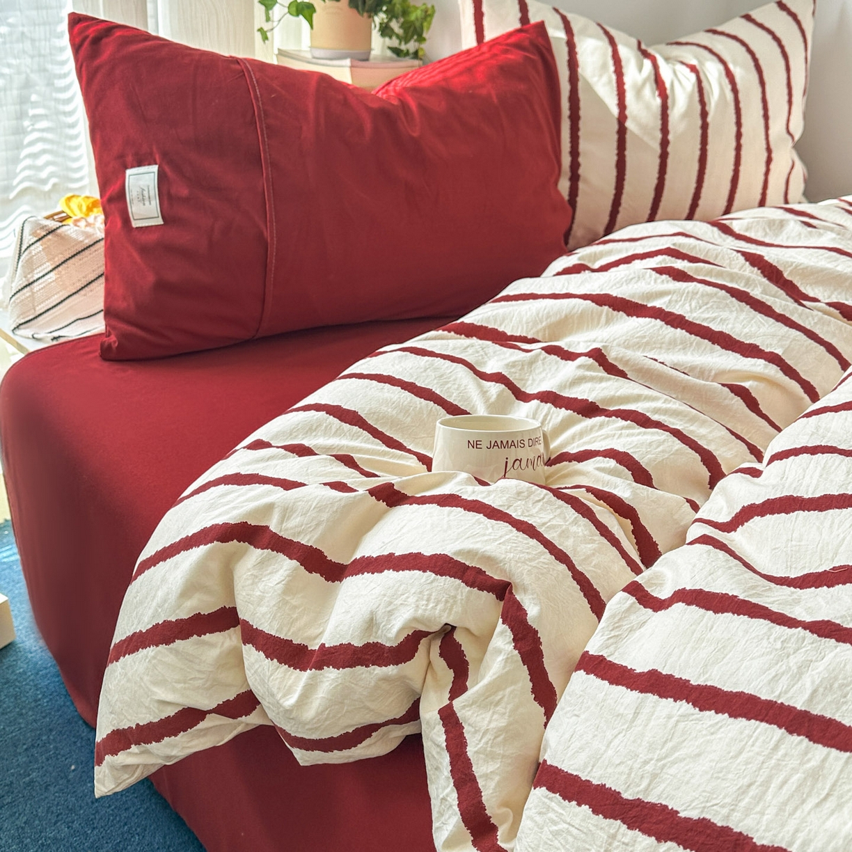 上尚居 2026新款简约印花古法水洗棉四件套-摩卡 摩卡-红