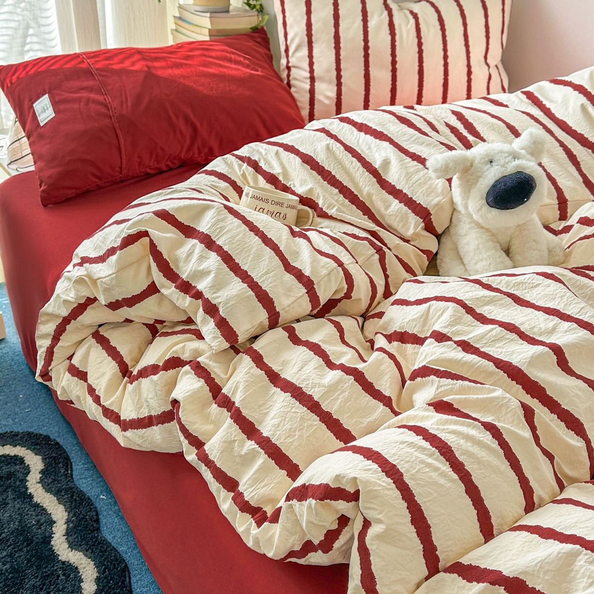 91家纺网 家纺一手货源 找家纺 上尚居 2026新款简约印花古法水洗棉四件套-摩卡 摩卡-红