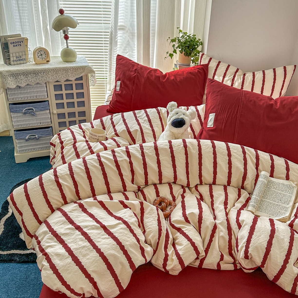 91家纺网 家纺一手货源 找家纺 上尚居 2026新款简约印花古法水洗棉四件套-摩卡 摩卡-红