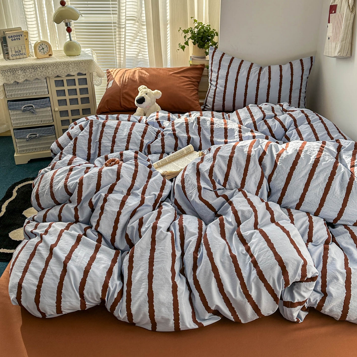 91家纺网 家纺一手货源 找家纺 上尚居 2026新款简约印花古法水洗棉四件套-摩卡 摩卡-蓝