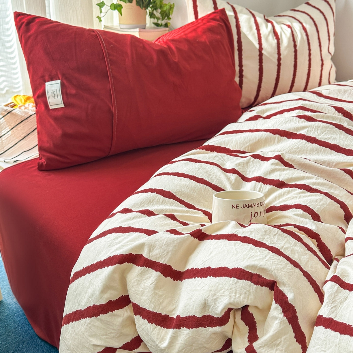 91家纺网 家纺一手货源 找家纺 上尚居 2026新款简约印花古法水洗棉四件套-摩卡 摩卡-红