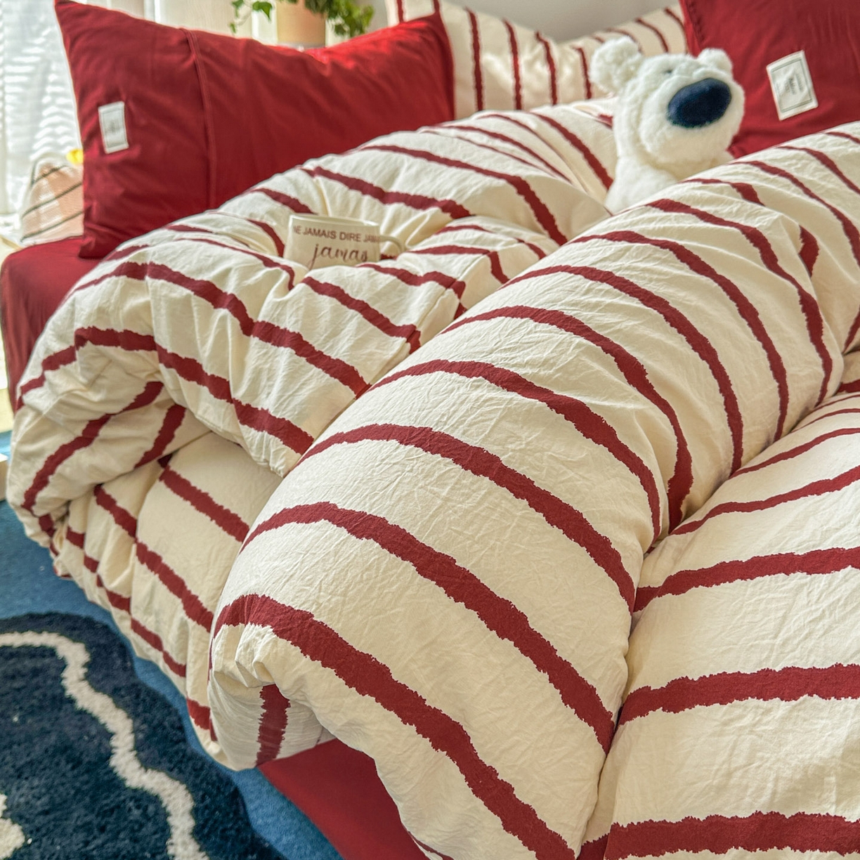 91家纺网 家纺一手货源 找家纺 上尚居 2026新款简约印花古法水洗棉四件套-摩卡 摩卡-红