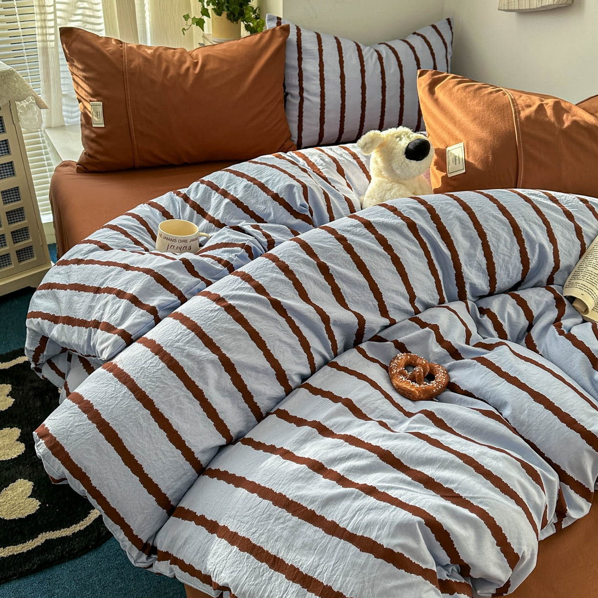 91家纺网 家纺一手货源 找家纺 上尚居 2026新款简约印花古法水洗棉四件套-摩卡 摩卡-蓝