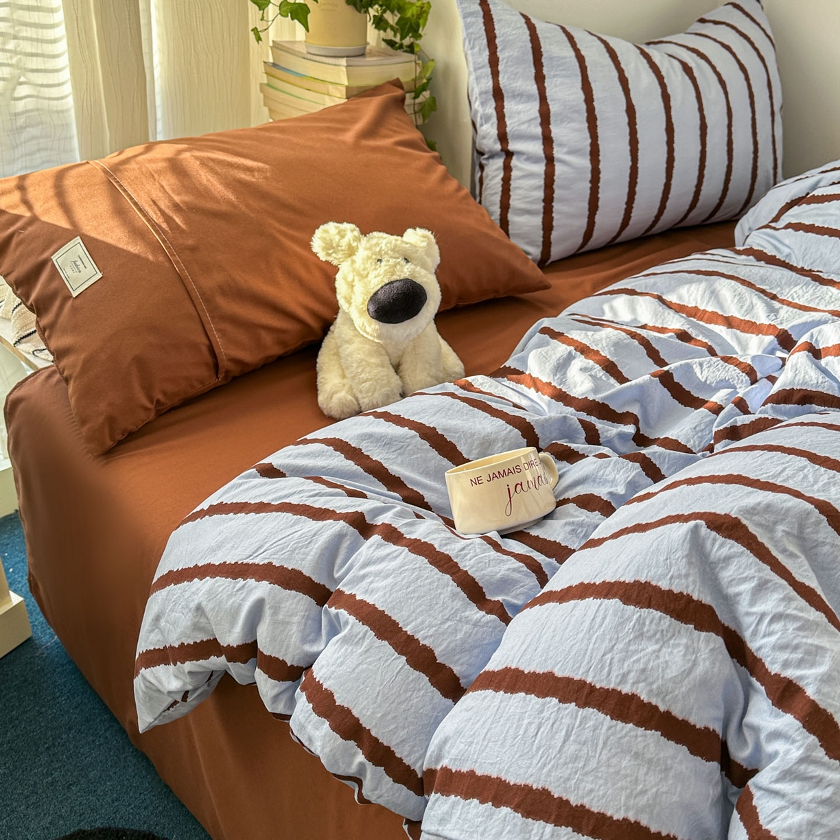 上尚居 2026新款简约印花古法水洗棉四件套-摩卡 摩卡-蓝