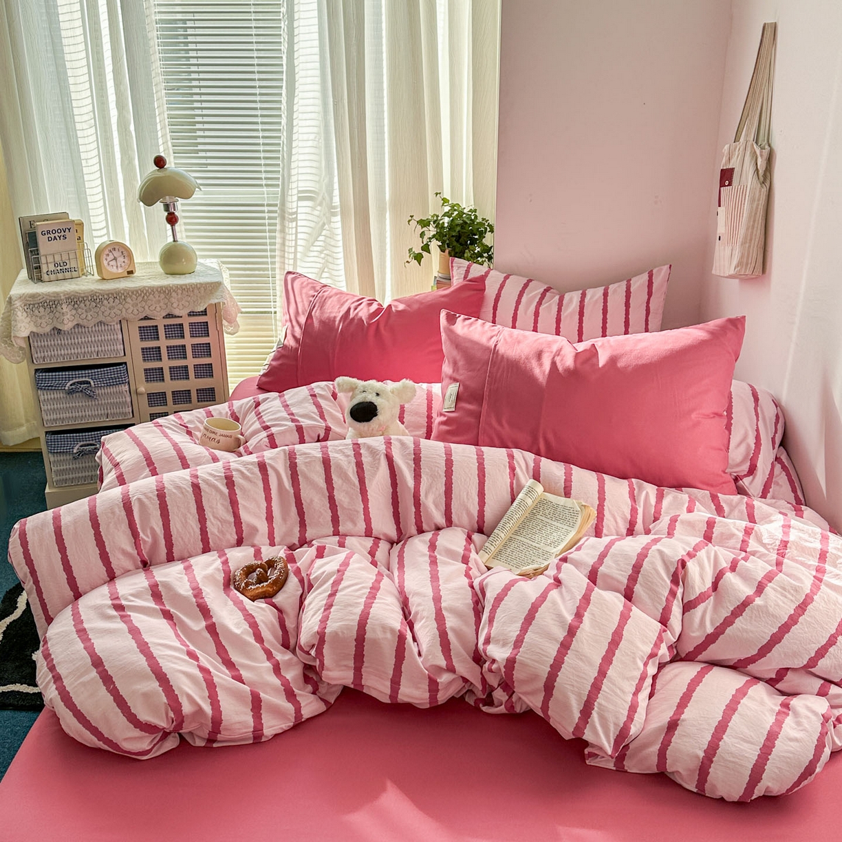 91家纺网 家纺一手货源 找家纺 上尚居 2026新款简约印花古法水洗棉四件套-摩卡 摩卡-粉