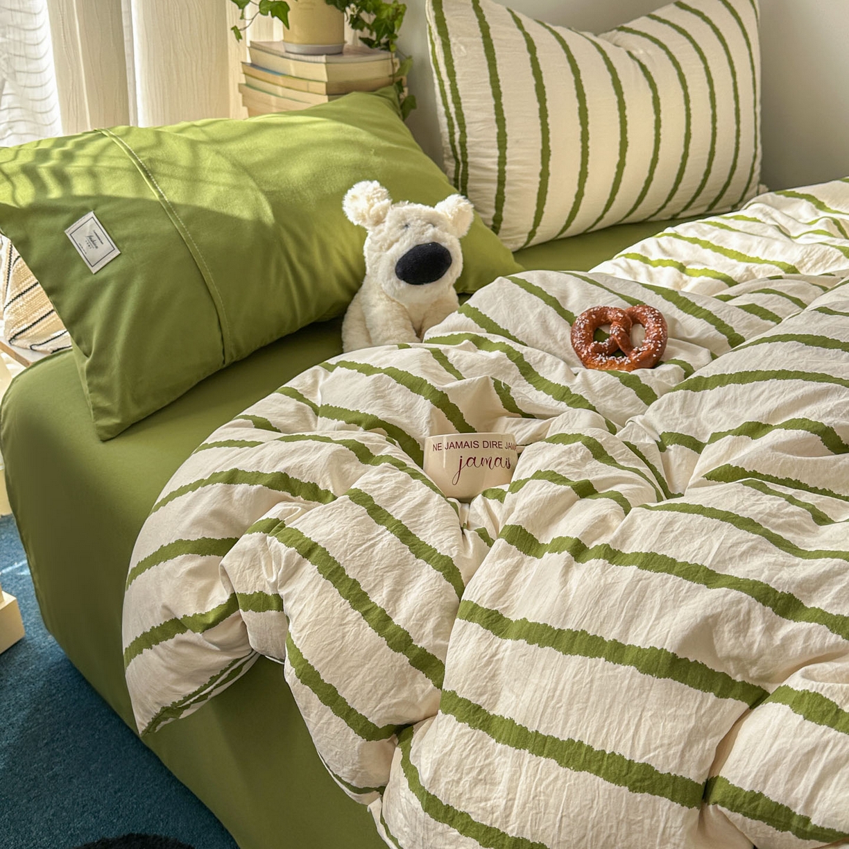 91家纺网 家纺一手货源 找家纺 上尚居 2026新款简约印花古法水洗棉四件套-摩卡 摩卡-绿