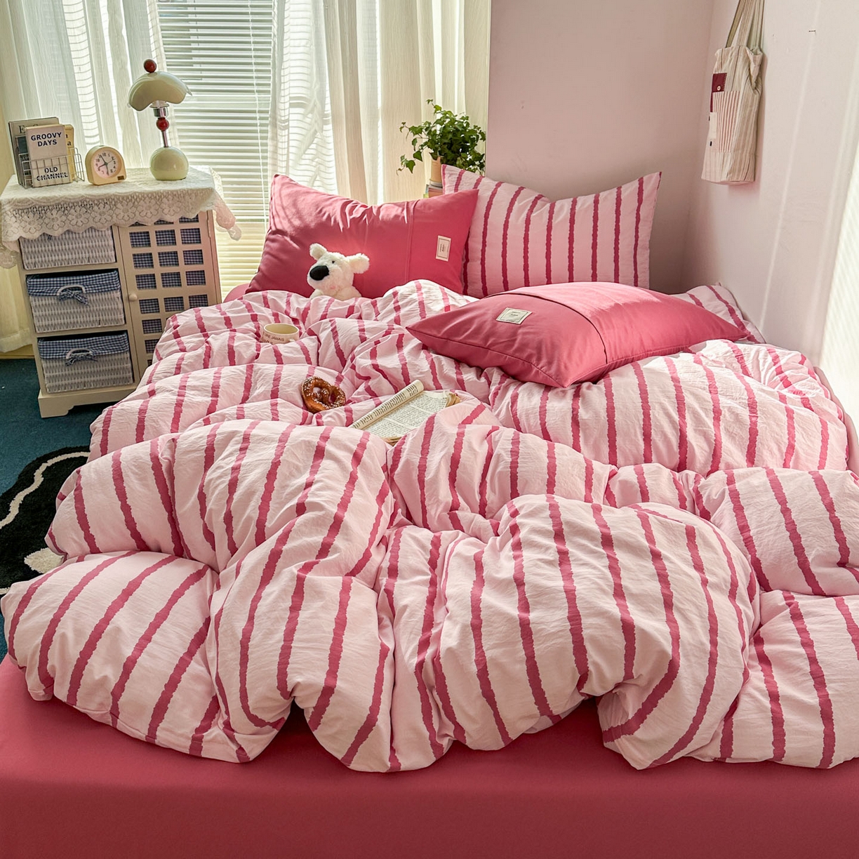 91家纺网 家纺一手货源 找家纺 上尚居 2026新款简约印花古法水洗棉四件套-摩卡 摩卡-粉