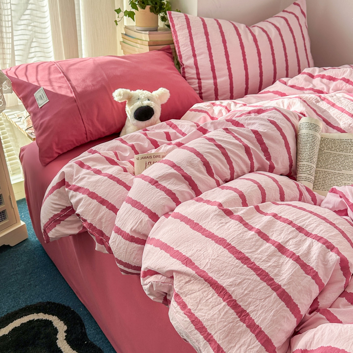 91家纺网 家纺一手货源 找家纺 上尚居 2026新款简约印花古法水洗棉四件套-摩卡 摩卡-粉