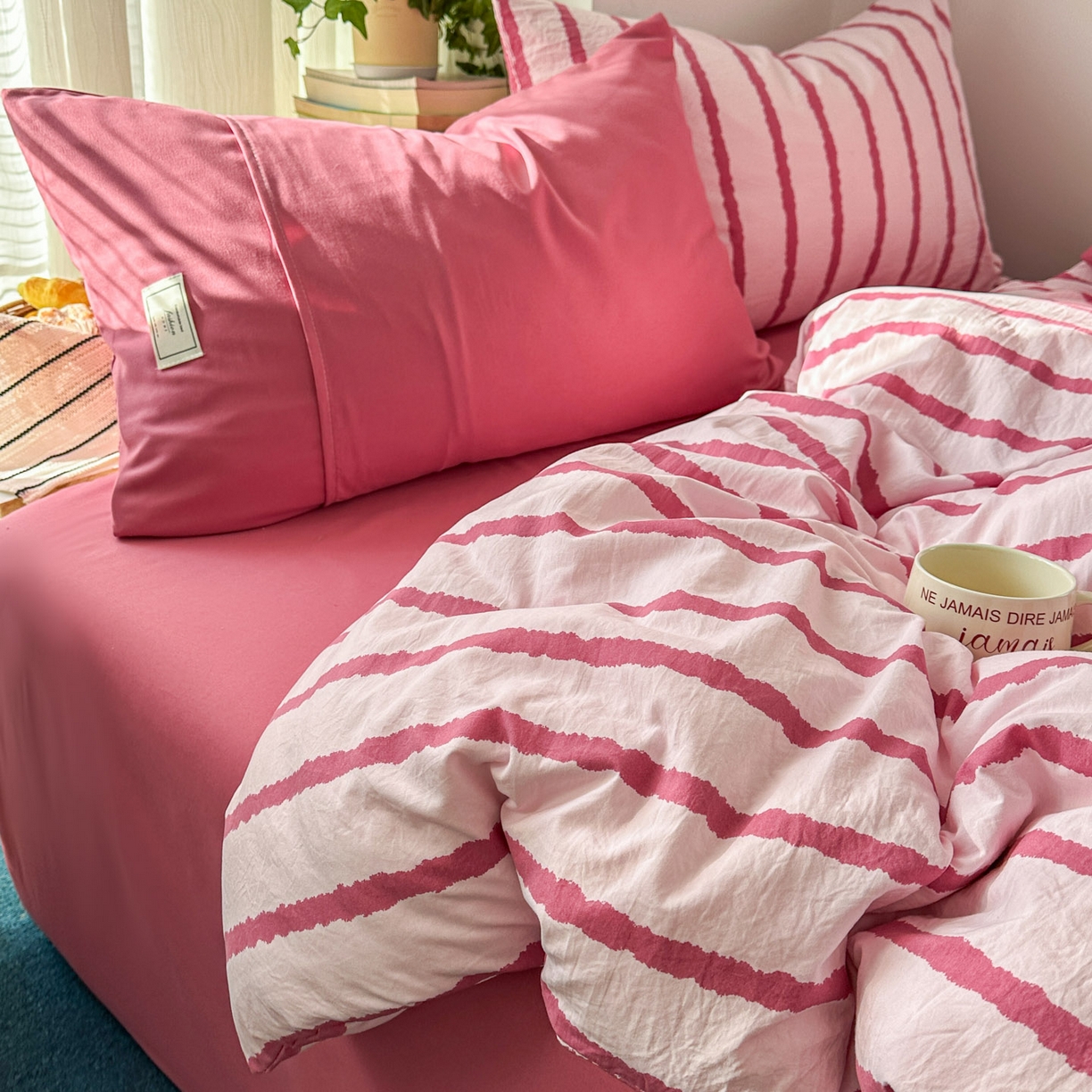 上尚居 2026新款简约印花古法水洗棉四件套-摩卡 摩卡-粉