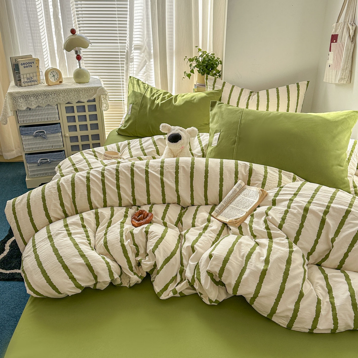 91家纺网 家纺一手货源 找家纺 上尚居 2026新款简约印花古法水洗棉四件套-摩卡 摩卡-绿