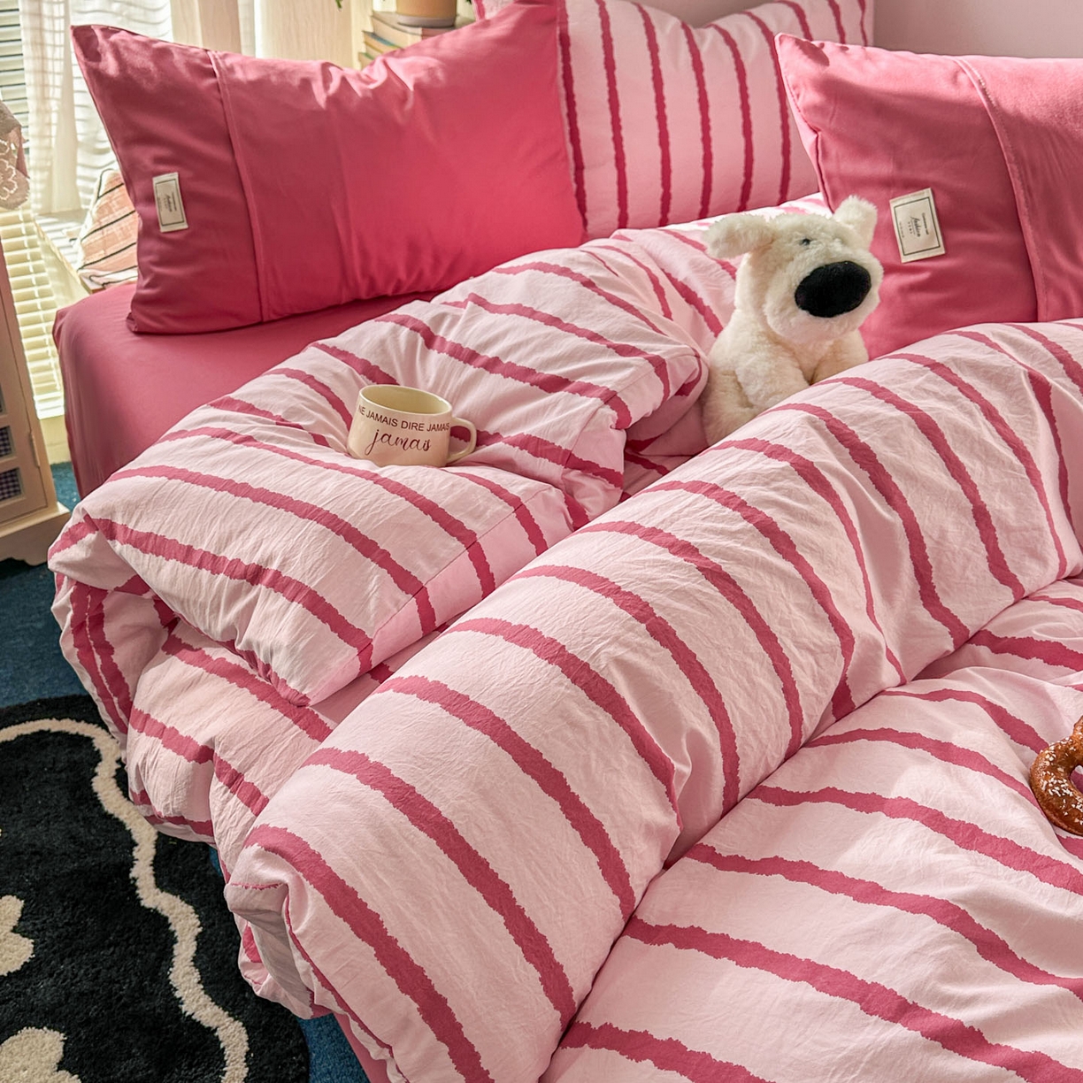 91家纺网 家纺一手货源 找家纺 上尚居 2026新款简约印花古法水洗棉四件套-摩卡 摩卡-粉