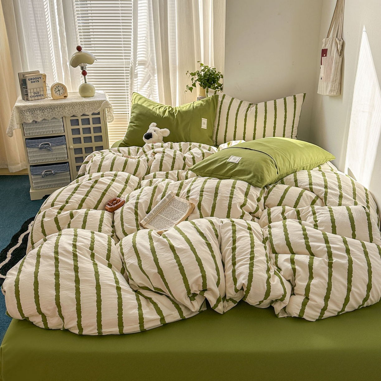 91家纺网 家纺一手货源 找家纺 上尚居 2026新款简约印花古法水洗棉四件套-摩卡 摩卡-绿