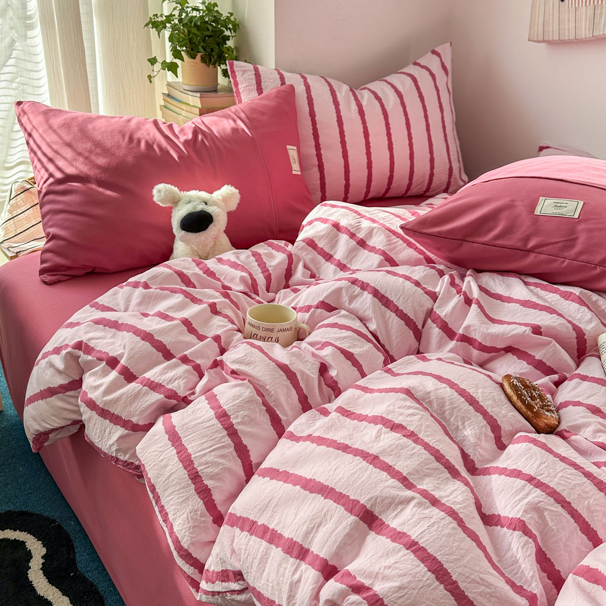 91家纺网 家纺一手货源 找家纺 上尚居 2026新款简约印花古法水洗棉四件套-摩卡 摩卡-粉