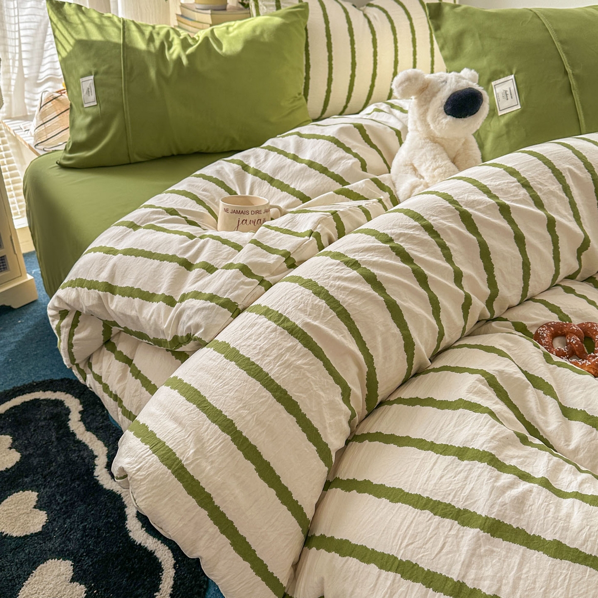 91家纺网 家纺一手货源 找家纺 上尚居 2026新款简约印花古法水洗棉四件套-摩卡 摩卡-绿