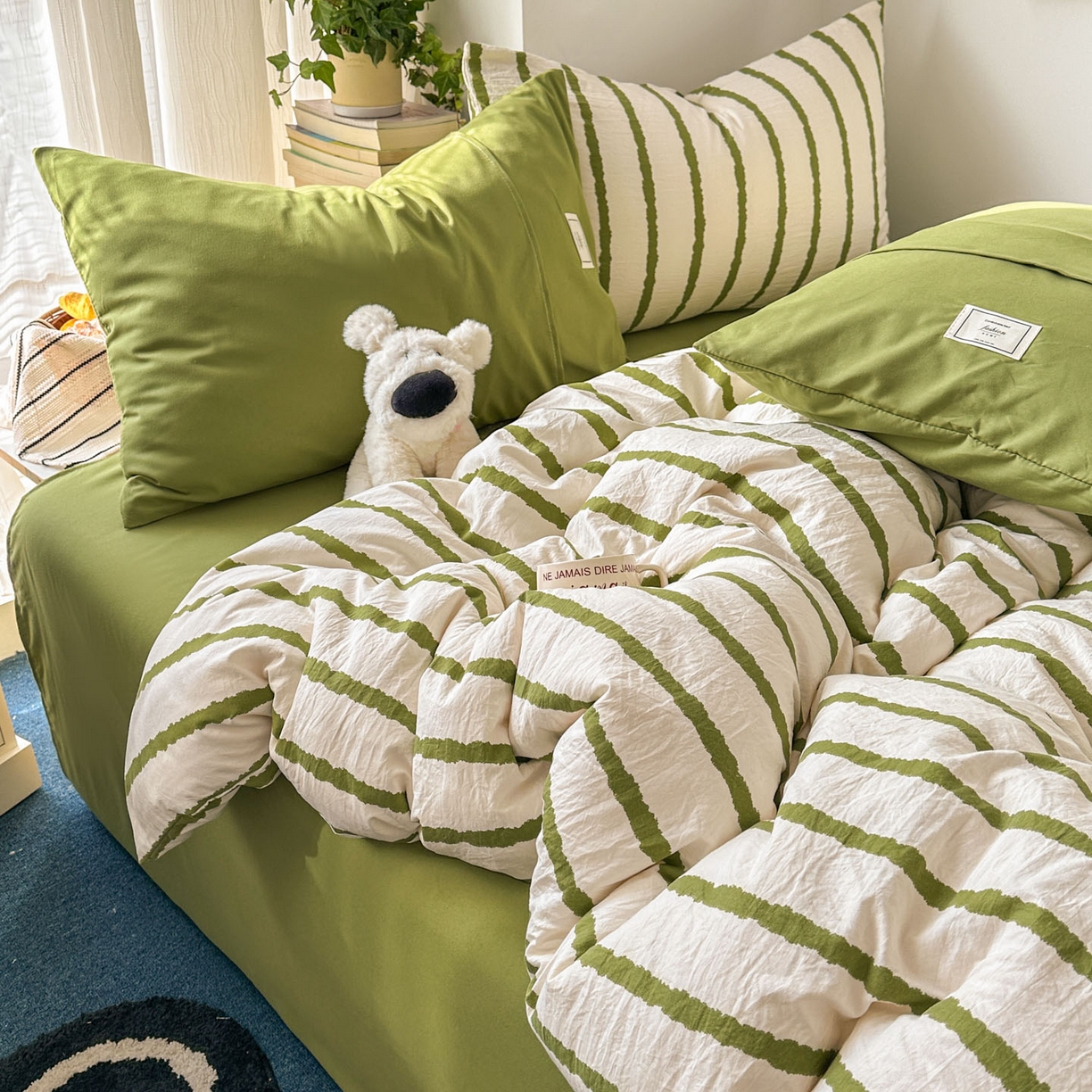 91家纺网 家纺一手货源 找家纺 上尚居 2026新款简约印花古法水洗棉四件套-摩卡 摩卡-绿