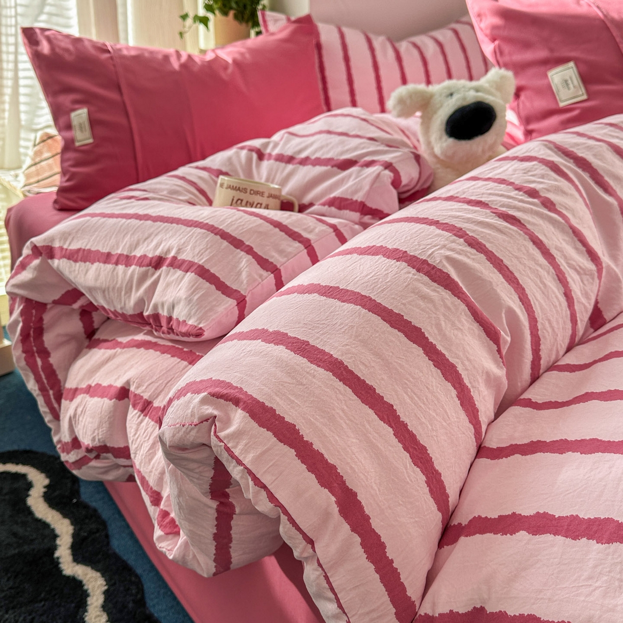 91家纺网 家纺一手货源 找家纺 上尚居 2026新款简约印花古法水洗棉四件套-摩卡 摩卡-粉