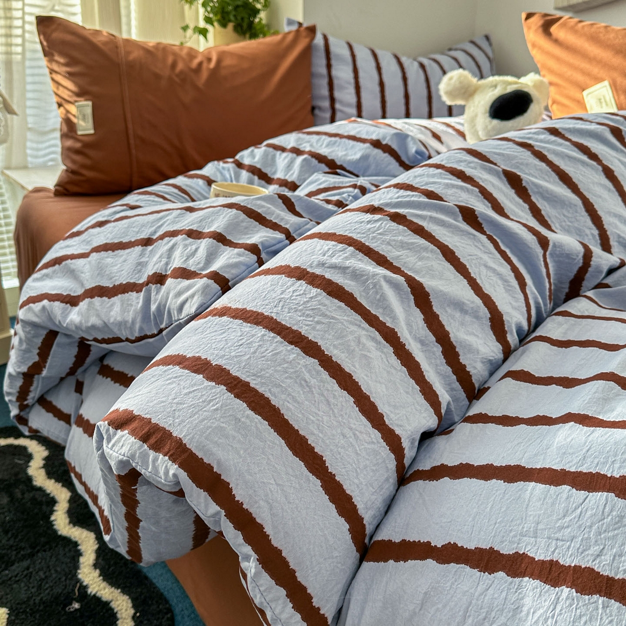 91家纺网 家纺一手货源 找家纺 上尚居 2026新款简约印花古法水洗棉四件套-摩卡 摩卡-蓝