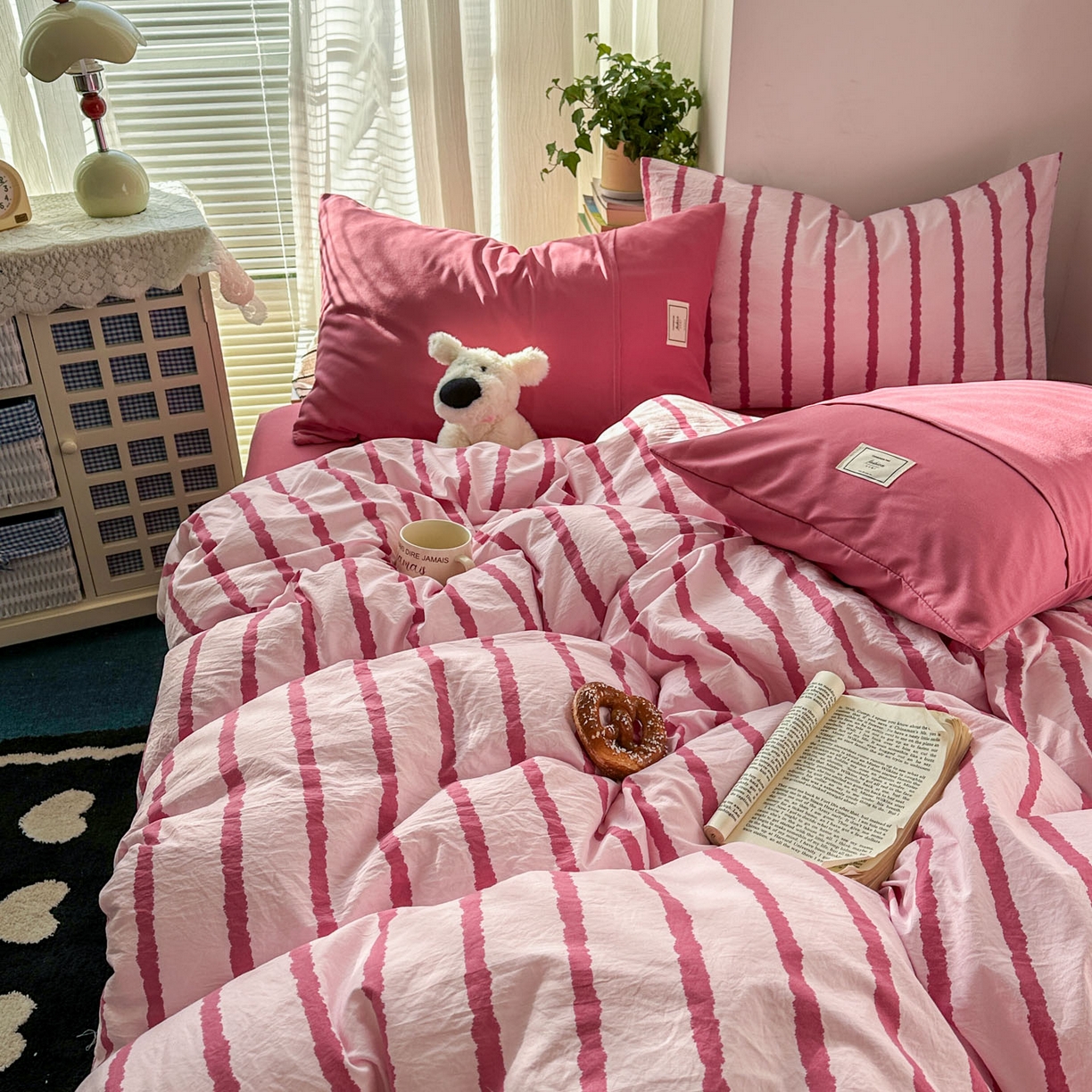 91家纺网 家纺一手货源 找家纺 上尚居 2026新款简约印花古法水洗棉四件套-摩卡 摩卡-粉