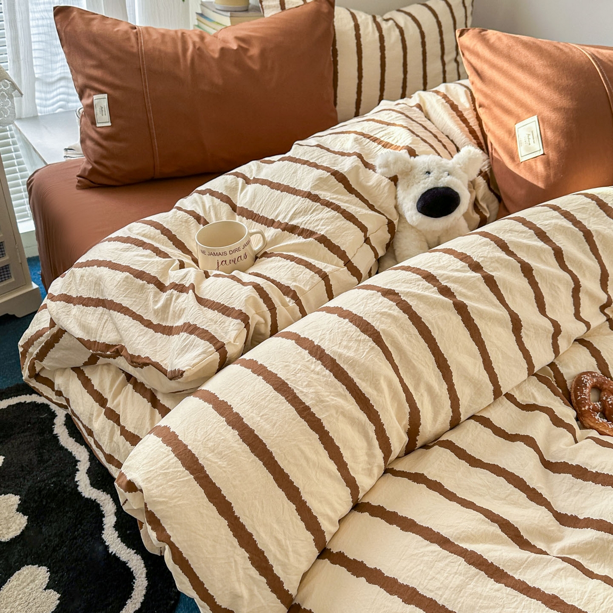 91家纺网 家纺一手货源 找家纺 上尚居 2026新款简约印花古法水洗棉四件套-摩卡 摩卡-咖