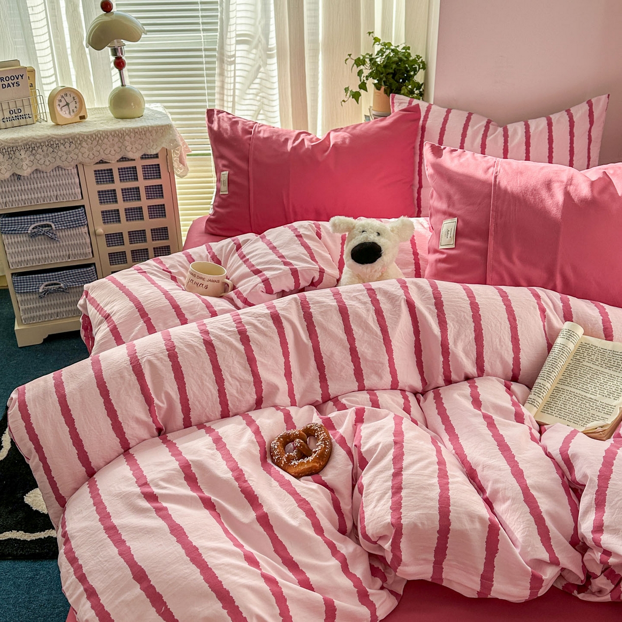 91家纺网 家纺一手货源 找家纺 上尚居 2026新款简约印花古法水洗棉四件套-摩卡 摩卡-粉