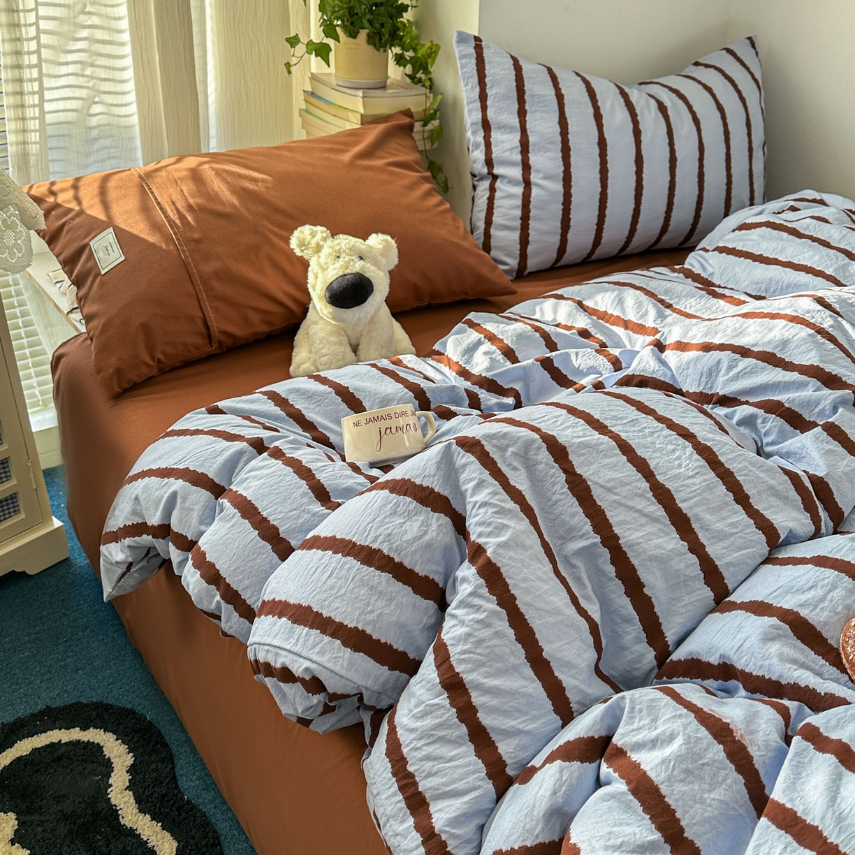 91家纺网 家纺一手货源 找家纺 上尚居 2026新款简约印花古法水洗棉四件套-摩卡 摩卡-蓝