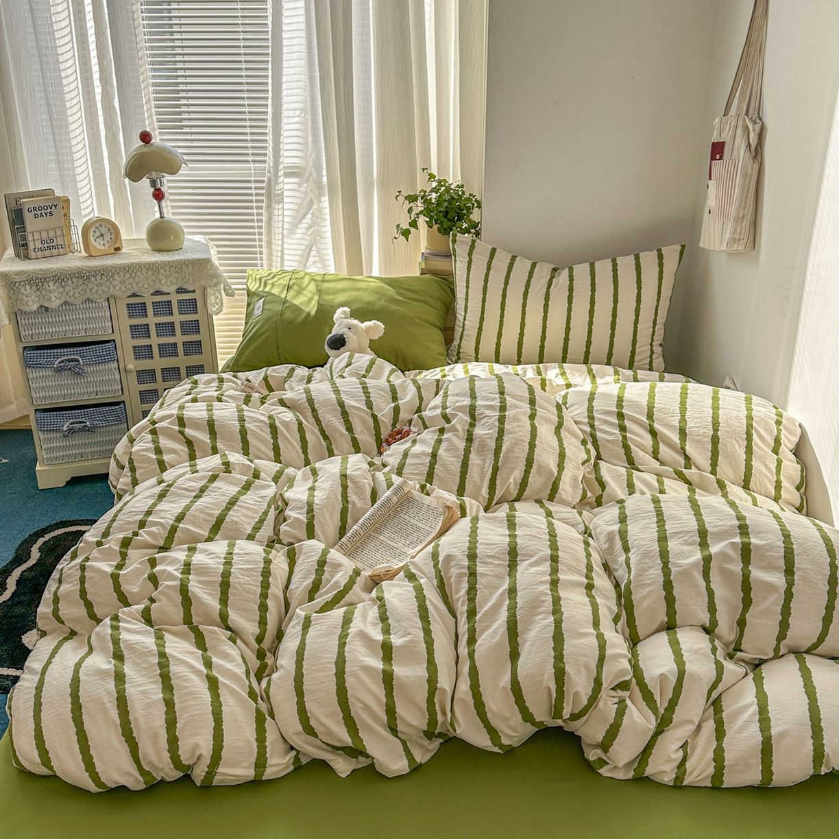 91家纺网 家纺一手货源 找家纺 上尚居 2026新款简约印花古法水洗棉四件套-摩卡 摩卡-绿