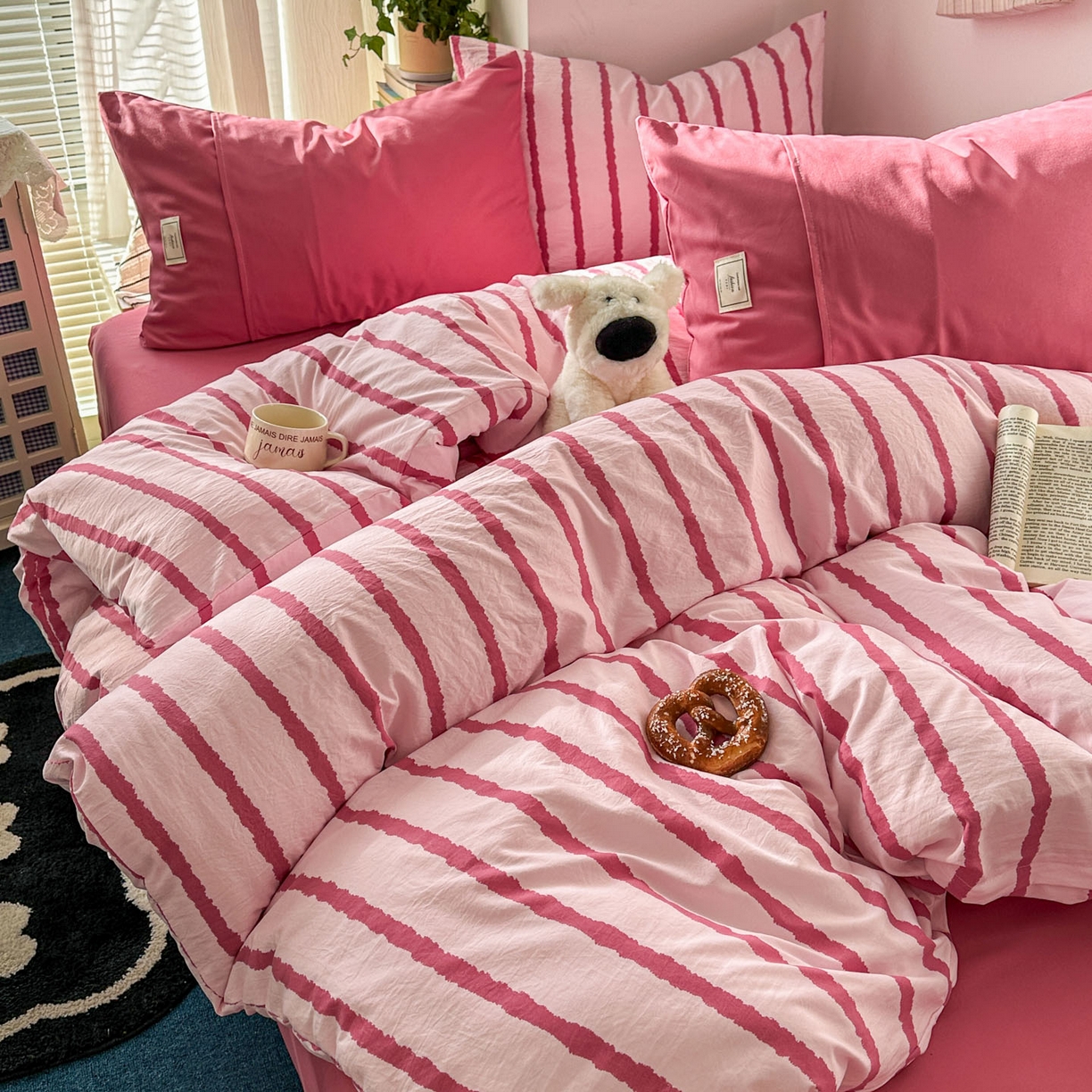 91家纺网 家纺一手货源 找家纺 上尚居 2026新款简约印花古法水洗棉四件套-摩卡 摩卡-粉