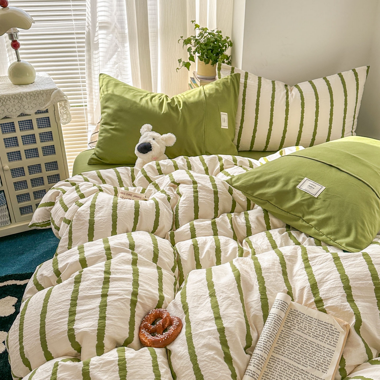 91家纺网 家纺一手货源 找家纺 上尚居 2026新款简约印花古法水洗棉四件套-摩卡 摩卡-绿