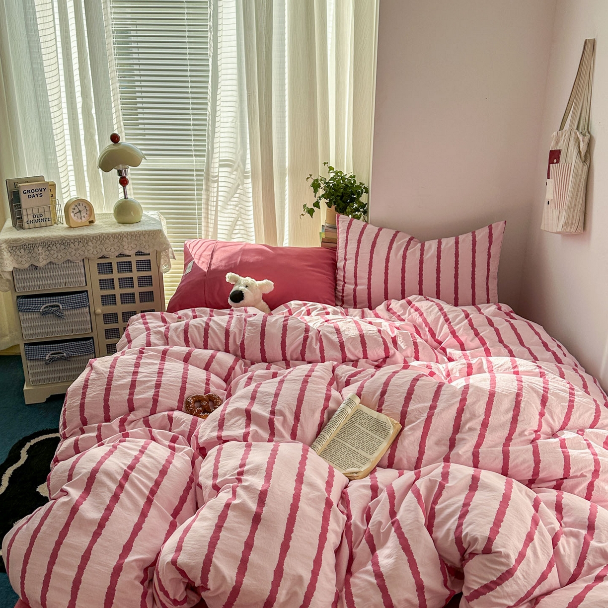 91家纺网 家纺一手货源 找家纺 上尚居 2026新款简约印花古法水洗棉四件套-摩卡 摩卡-粉