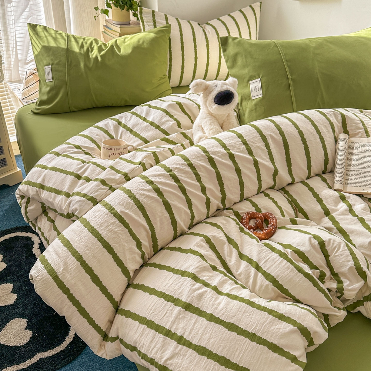 91家纺网 家纺一手货源 找家纺 上尚居 2026新款简约印花古法水洗棉四件套-摩卡 摩卡-绿