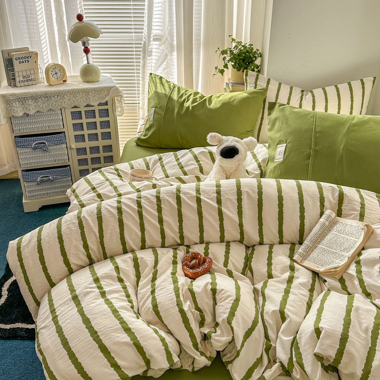 91家纺网 家纺一手货源 找家纺 上尚居 2026新款简约印花古法水洗棉四件套-摩卡 摩卡-绿