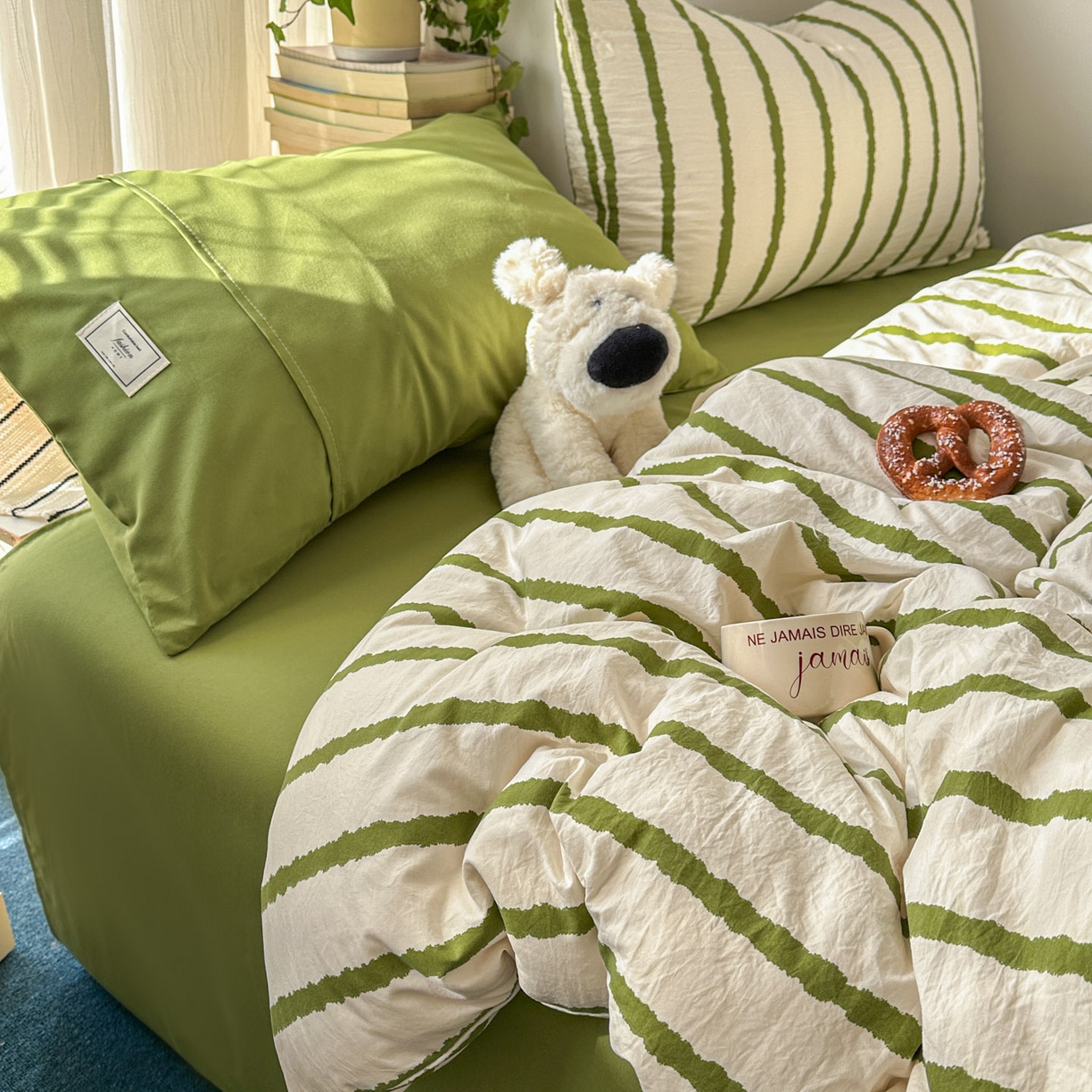 91家纺网 家纺一手货源 找家纺 上尚居 2026新款简约印花古法水洗棉四件套-摩卡 摩卡-绿