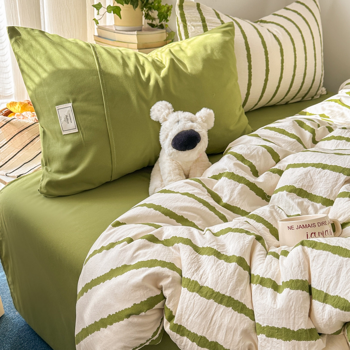 上尚居 2026新款简约印花古法水洗棉四件套-摩卡 摩卡-绿