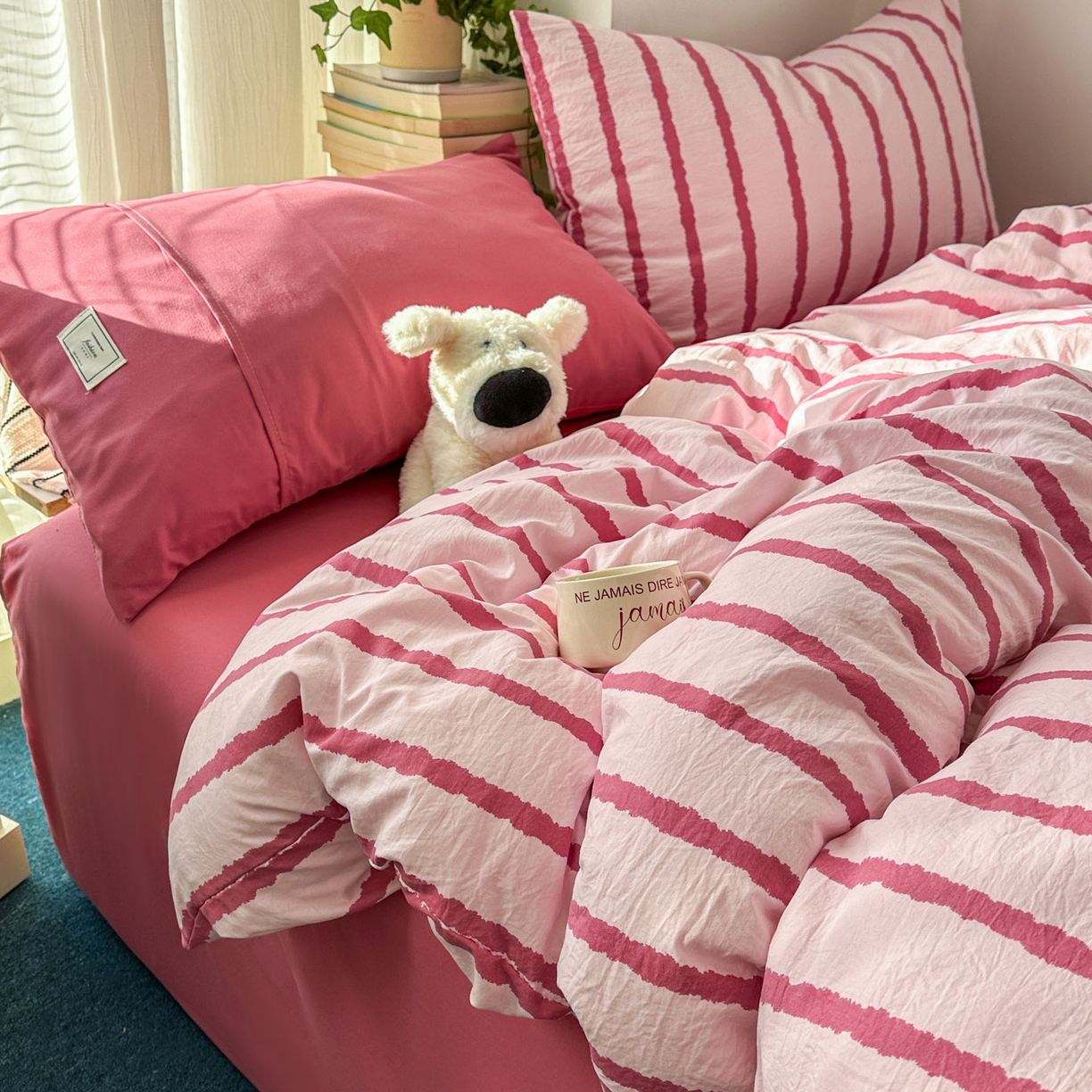 91家纺网 家纺一手货源 找家纺 上尚居 2026新款简约印花古法水洗棉四件套-摩卡 摩卡-粉