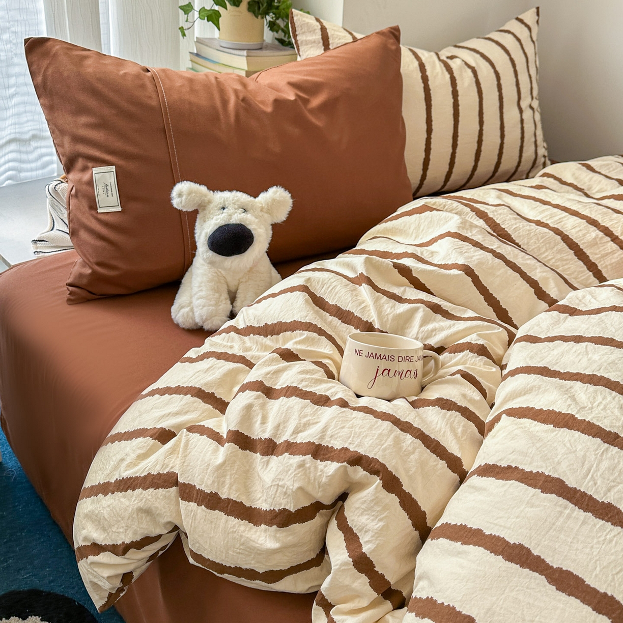 上尚居 2026新款简约印花古法水洗棉四件套-摩卡 摩卡-咖