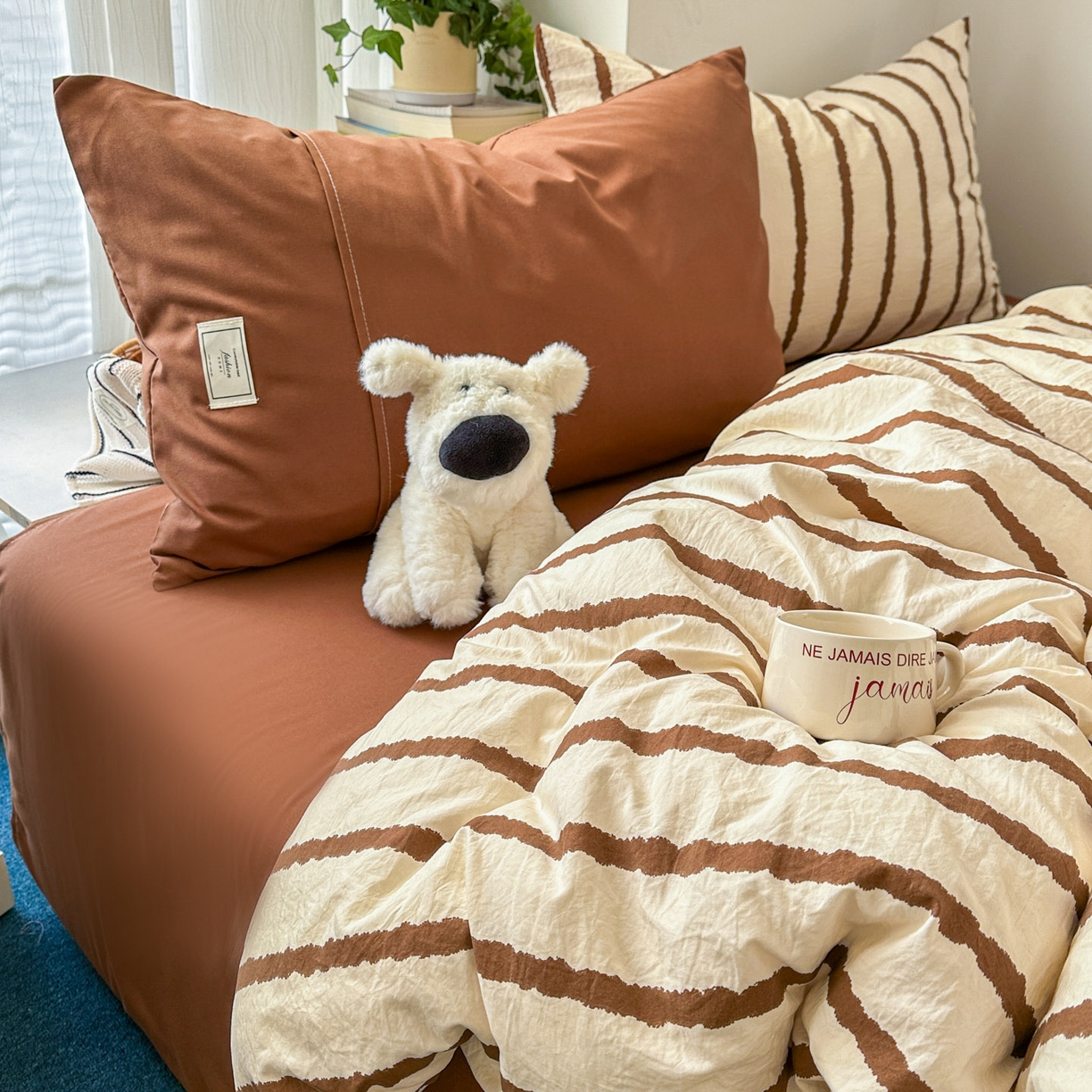 91家纺网 家纺一手货源 找家纺 上尚居 2026新款简约印花古法水洗棉四件套-摩卡 摩卡-咖