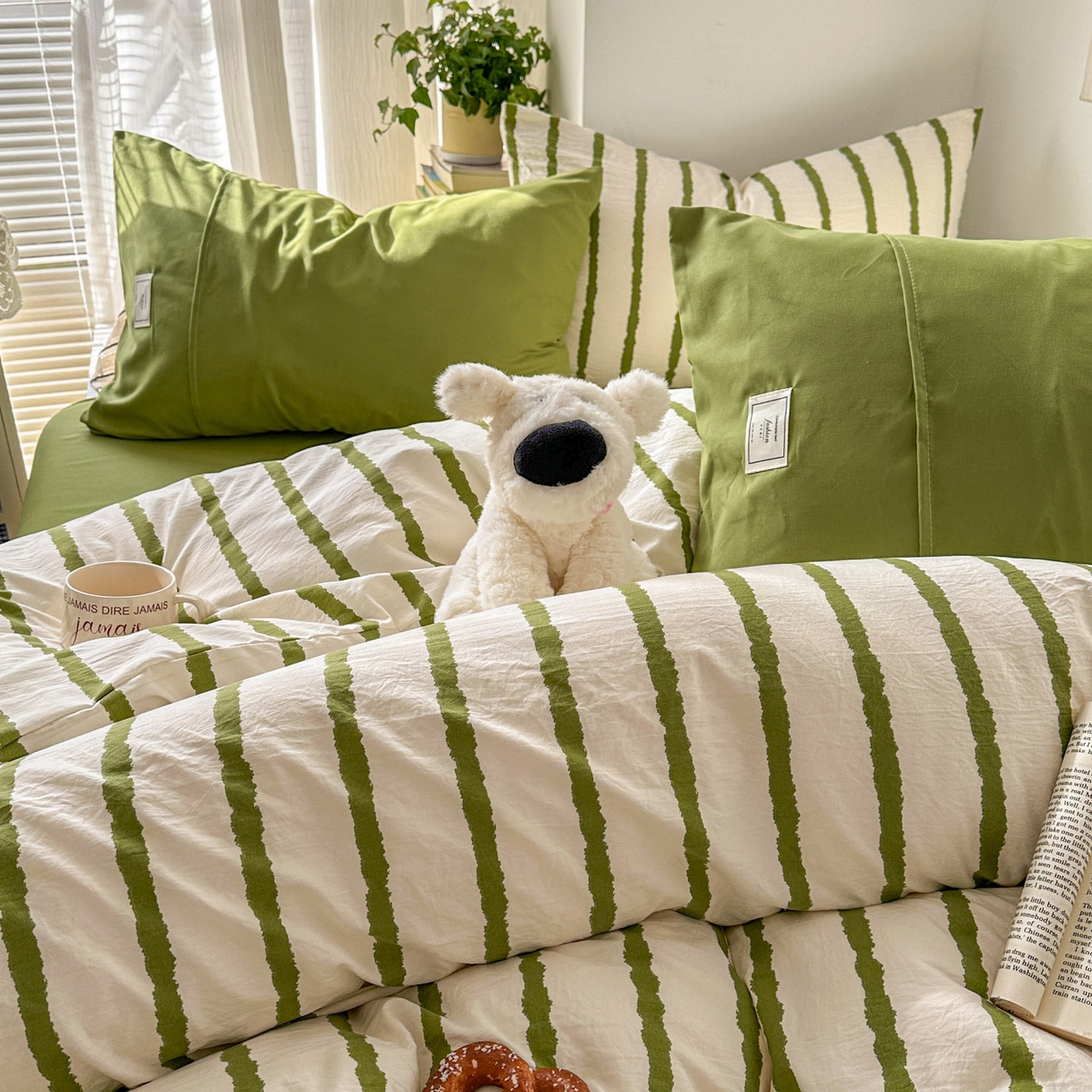 91家纺网 家纺一手货源 找家纺 上尚居 2026新款简约印花古法水洗棉四件套-摩卡 摩卡-绿